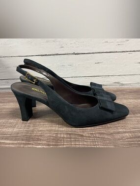 Bruno Magli Navy Blue Suede Pointed Slingback Pumps with Bow
